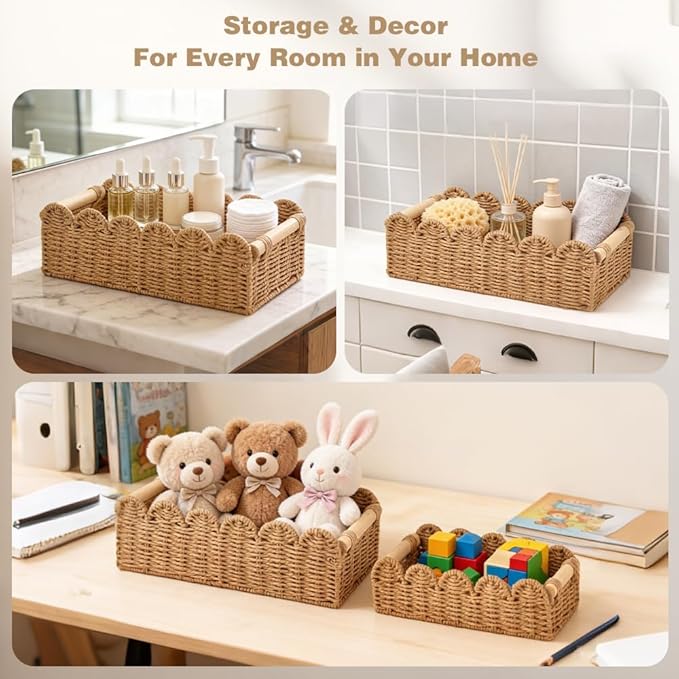 Toilet Basket,Tank Topper,Toilet Paper Basket 2pcs Scalloped Basket Toilet Paper Holder with A Wooden Handle A Cute and Practical Home Decor Item （Includes 2 Decorative Ribbons）