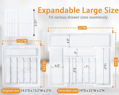 Homecor Silverware Organizer for Kitchen Drawer, Expandable Utensil Drawer Organizer with 2 Knife Block, Flatware and Cutlery Holder, Adjustable Plastic Storage for Spoons Forks Knives