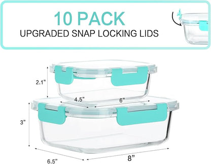 [10-Pack]Glass Meal Prep Containers with Lids, MCIRCO Glass Food Storage Containers with Snap Locking Lids, Airtight Lunch Containers, Microwave, Oven, Freezer and Dishwasher, Green