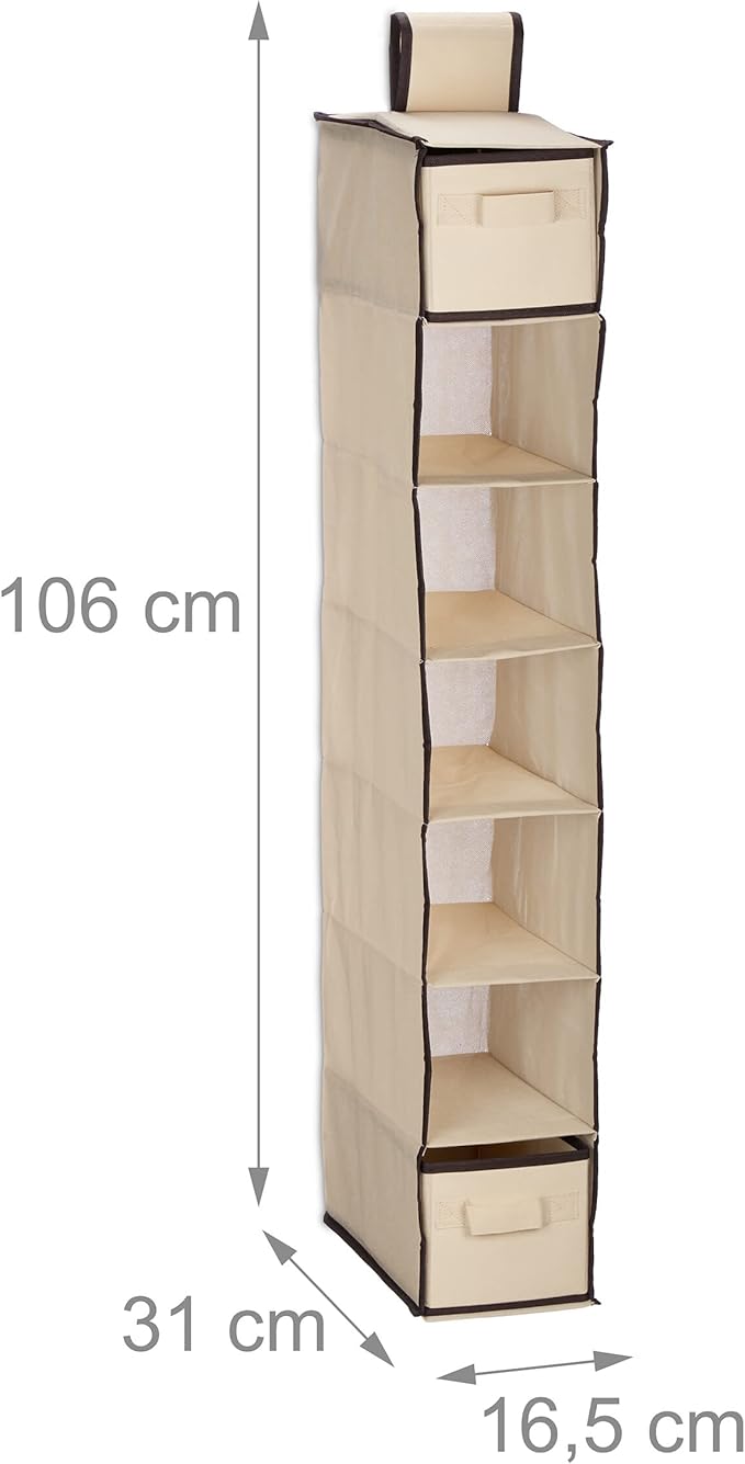 Relaxdays Wardrobe Hanging Shelf, 7 Compartments, Fabric, 106 x 16.5 x 31 cm, 2 Drawers, Clothes Organiser, Beige