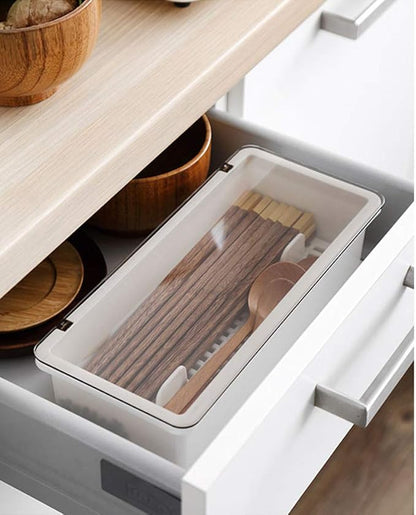 Large Flatware Tray Kitchen Drawer Organizer With Lid And Drainer - Plastic Kitchen Cutlery Tray and Utensil Storage Container with Cover - Dinnerware Holder White