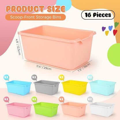 Dandat 16 Pcs Plastic Book Bins for Classroom Library Cubby Bins Scoop Front Stackable Toy Storage Tubs Containers for School Office Home Nursery Playroom Organization (Candy Color)