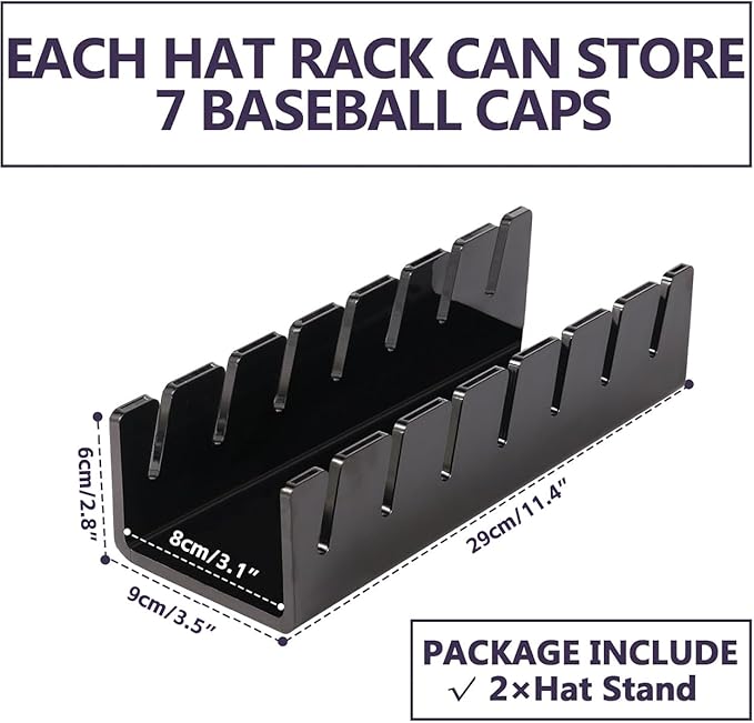 CHENYAOAI Hat Organizer for Baseball Caps, 2 Pcs No Install Acrylic Hat Stand for 14 Baseball Caps, Hat Racks for Caps Display and Organizer for Bedroom, Closet, Dresser, Office, Hat Holder