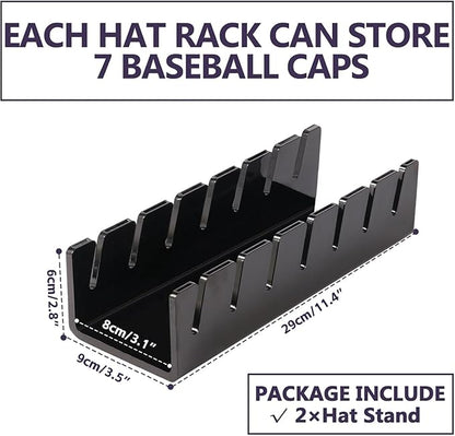 CHENYAOAI Hat Organizer for Baseball Caps, 2 Pcs No Install Acrylic Hat Stand for 14 Baseball Caps, Hat Racks for Caps Display and Organizer for Bedroom, Closet, Dresser, Office, Hat Holder