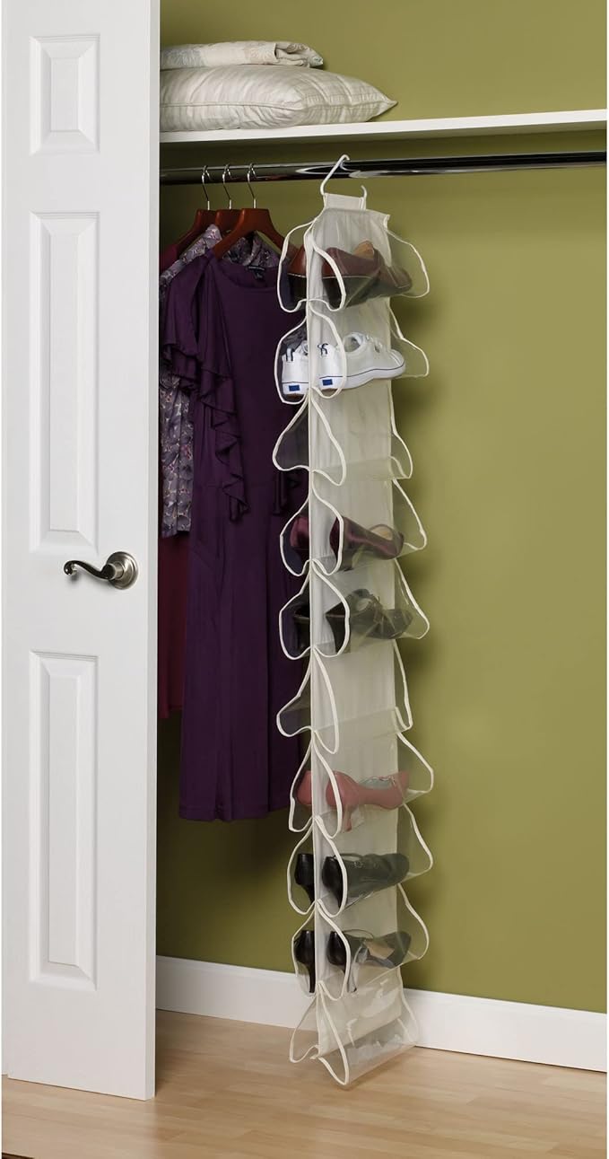 Household Essentials 20-Pocket Closet Shoe File, Durable Canvas and Plastic, Holds 10 Pairs of Shoes, Individual Storage, Single Hook System