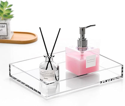 DINGHUO Acrylic Perfume Bathroom Vanity Counter Tray, Clear 9.45"x7.09"x1.38" Rectangle Countertop Organizer for Jewelry Candles Soap Makeup Toilet Tank Kitchen - 1 Pack