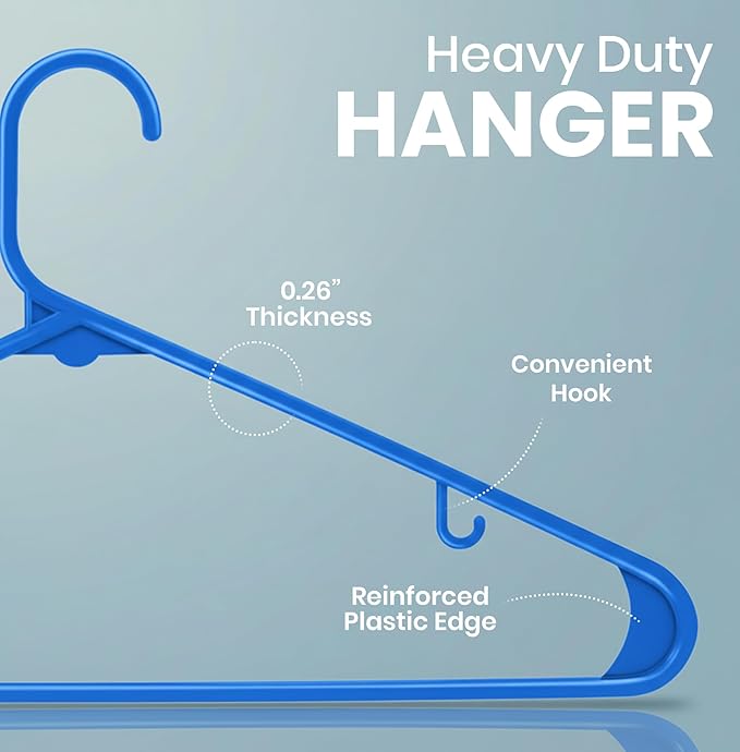 Utopia Home Plastic Hangers 50 Pack - Space Saving Clothes Hanger - Durable & Strong Closet Organizers and Storage with Built-in Strap Hooks - Essential for Shirts, Pants, Skirts & Coats (Blue)