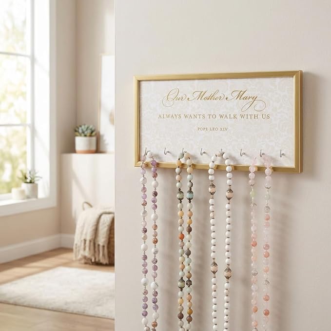 THE CATHOLIC COMPANY Pope Leo XIV Mother Mary Rosary Rack – Wooden Wall Organizer with 8 Hooks, Inspirational Quote, Catholic Home Decor for Rosary Storage
