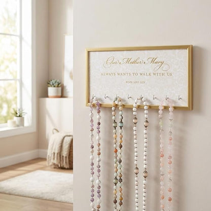 THE CATHOLIC COMPANY Pope Leo XIV Mother Mary Rosary Rack – Wooden Wall Organizer with 8 Hooks, Inspirational Quote, Catholic Home Decor for Rosary Storage
