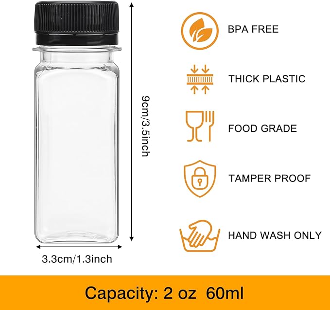 SUPERLELE 20pcs 2oz Plastic Shot Juice Bottles with Caps, Ginger Shot Bottles Reusable Clear Bulk Beverage Containers for Juice, Milk and Other Beverages