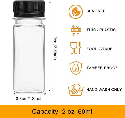 SUPERLELE 20pcs 2oz Plastic Shot Juice Bottles with Caps, Ginger Shot Bottles Reusable Clear Bulk Beverage Containers for Juice, Milk and Other Beverages