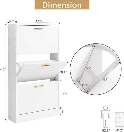 LYNSOM Shoe Cabinet, Free Standing Tipping Bucket Shoe Rack Organizer with 3 Flip Drawers, Modern Entryway Shoe Storage with Top Display, Narrow Slim Hidden Shoe Cabinet (White)