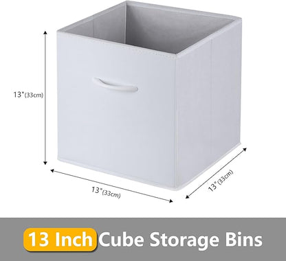 WUIKE 13-Inch White Storage Cube Bins, Leather Front Cubby Organizer Baskets with Handles, Collapsible Storage Bins for Shelves and Closet, 4-Pack