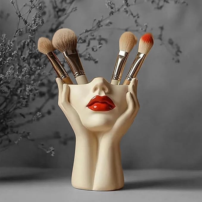 Women's Head Shape Boho Feminist Decoration, Minimalist Statue Storage Decor Face Makeup Brush Holder, Modern Statue Storage Makeup for Table Shelf Living Room Office (Beige 4.72 * 6.69 * 3.15in)