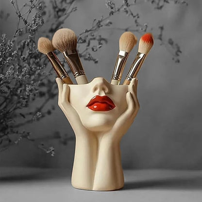 Women's Head Shape Boho Feminist Decoration, Minimalist Statue Storage Decor Face Makeup Brush Holder, Modern Statue Storage Makeup for Table Shelf Living Room Office (Beige 4.72 * 6.69 * 3.15in)