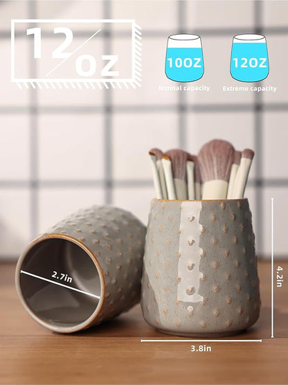 Ceramic Makeup Brush Holders, Farmhouse Bathroom Vanity and Countertop, Brushes Cup for Bathroom Cosmetics, Lipsticks, Vanity Desktop Storage (Vintage Grey)