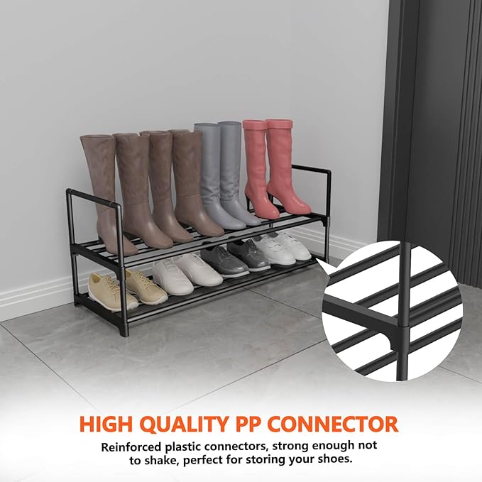 Hsscblet 2 Tier Metal Shoe Rack,Adjustable Shoe Shelf Storage Organizer,Stackable Boot & Shoe Storage,for Entryway,Hallway,Closet,Black