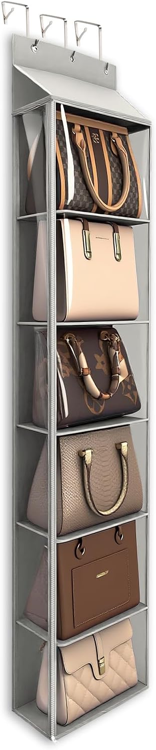 Lirex Over The Door Purse Organizer & Purse Shelf for Closet – Handbag Storage Organizer with Purse Hanger. Perfect for Scarves, Hats, and Leggings. L (15.7'' x 5.7'' x 68''), Light Grey