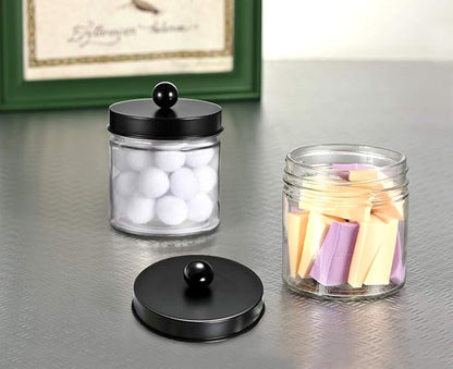 SheeChung Bathroom Organizers and Storage - 2Pack Qtip Holders Bathroom Canister Apothecary Jars for Cotton Swabs, Rounds, Balls, Qtips,Makeup Sponges, Flossers,Bath Salts - Black