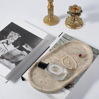 Koville Natural Silver Pearl Marble Decorative Tray, 10" x 5" Marble Vanity Tray for Bathroom Countertop Organizer Stone Trays, Catchall Tray Stone Plate for Perfume, Candles, Jewelry