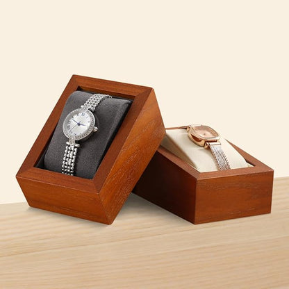 Wooden Watch Display Stand With Pillow, Wristwatch Organizers, Men Women Watch Storage Holder (Willow Wood, Gray Velvet)