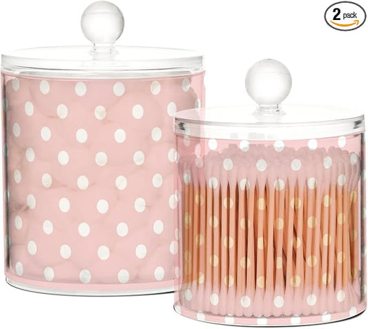 2 Pack Qtip Dispenser Apothecary Jars with Lids Cotton Round Holder Bathroom Canisters for Cotton Swab Floss Ball Pads Clear Plastic Decorative Pink Polka Dots