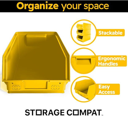 6-Pack Storage Bins, Wall Mount, Stackable & Freestanding, 12”x 8” x 6” Plastic Organizers, Utility Containers for Garage, Home, Workshop, Yellow