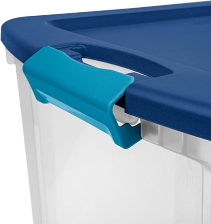 Sterilite 18 Gal Latch and Carry, Stackable Storage Bin with Latching Lid, Plastic Container to Organize Closets, Clear with Blue, 6-Pack