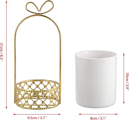 JUXYES Ceramic Silverware Holder For Tabletop, White Cutlery Holder With Golden Metal Bracket, Decorative Flatware Holder Countertop Utensil Holder Organizer for Wedding Kitchen Dining Tables
