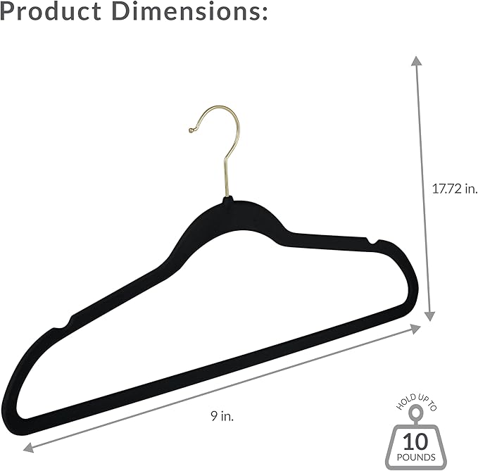 Simplify Slim Velvet Gold Hook Clothes Hangers 100 Pack | Non-Slip | Shirts | Suit | Pants | Dresses | Garments | Closet Storage & Organization | Durable | Black