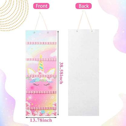 Tudomro Hanging Headband Holder for Girls Felt Hair Accessories Organizer with 60 Elastic Bands Bow Hanger for Girls Hair Bows Without Headbands(Pink,Unicorn)