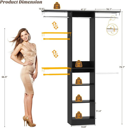 Besiost 48" Closet Organizer System, 4FT Closet System for Small Closets with 4 Hanging Rods & 3 Shelves, 80"H Small Closet Organizers and Storage for Bedrooms, Cloakrooms, Black