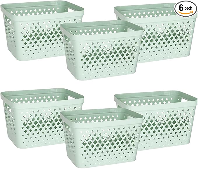 Glad Plastic Storage Basket Set, Value Pack of 6 | Open Storage Bins for Shelves, Bathroom, Pantry, Closet | Nesting Organizer Boxes with Handles, 4 Gallon, Sage