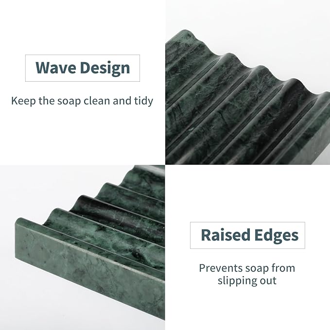 Karibiber 2 Pcs Soap Holder for Bathroom, Marble Soap Dish for Kitchen Countertop, Green Soaps Tray with Creative Wavy Design, Soaps Saver for Bath Tub, Sponges, Indian Natural Stone