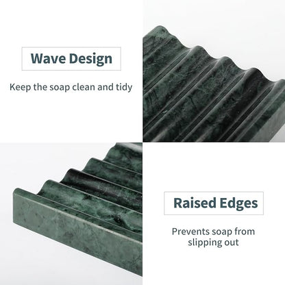 Karibiber 2 Pcs Soap Holder for Bathroom, Marble Soap Dish for Kitchen Countertop, Green Soaps Tray with Creative Wavy Design, Soaps Saver for Bath Tub, Sponges, Indian Natural Stone