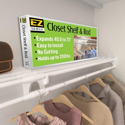 EZ SHELF- Closet Shelf with Hanging Rod, Expands 40.5-73", White, Closet Shelves Hold 200 lbs, Easy Install Closet Organizer to 2 Side Walls, Alternate for Closet Wire Shelving & Laundry Room Shelves