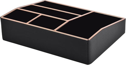 PU Leather Makeup Organizer Tray,Large Vanity Organizer,Cosmetic Storage Box for Lipstick Brushes Skincare Perfume,Cosmetic Display Case Rose Gold-trimmed for Dresser,Bathroom Countertop(Black)