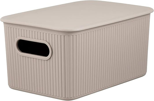 Decorative Plastic Basket Lidded Home Storage Bins Organizer Baskets, Medium Taupe (1 Pack - 5 Liter) Stackable Container Box, for Organizing Closet Storage Bins for Shelves - Ribbed Collection