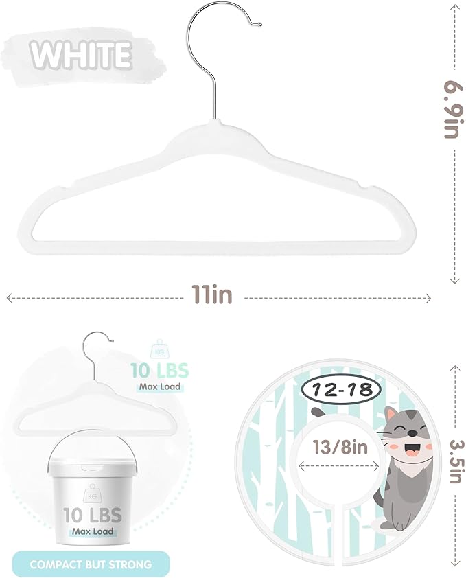 VIS'V Baby Hangers, 11 Inch Velvet Kids Hangers with 6 Pcs Clothes Size Dividers, Infant Toddler Nursery Closet Organization, Non Slip, White, 50 Pcs