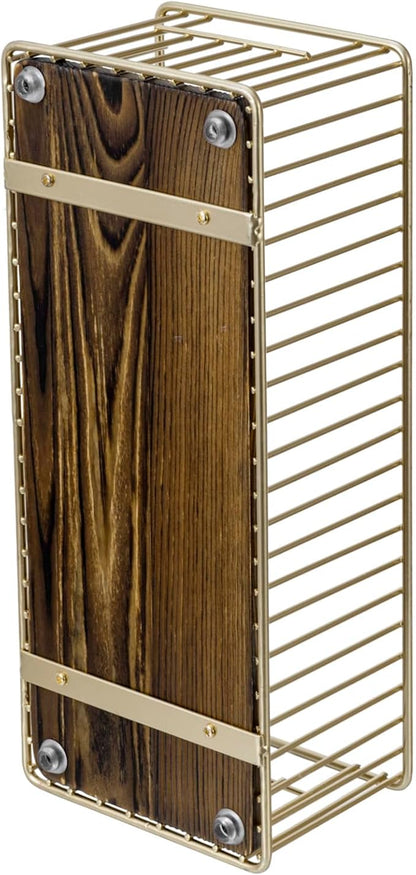 MyGift Modern Brass-Tone Metal Wire Toilet Paper Holder Basket with Rustic Burnt Solid Wood Base, Toilet Tank Topper Organizer Tray Bathroom Sink Counter Toiletries Storage