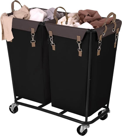 StorageWorks 280L Large Laundry Hamper with Wheels, Laundry Basket with Wheels 2 Sections, Clothes Sorter Cart with Divider for Hotel, Home, Black, 1-Pack