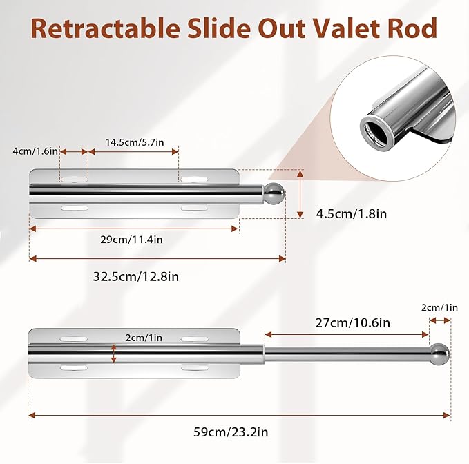 12-23 Inch Valet Rod for Closets Pull Out,Retractable Closet Valet Rod Slide Out,Heavy Duty Valet Rod for Closet Space, Laundry Room, RV, Wardrobes (Silver)