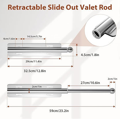12-23 Inch Valet Rod for Closets Pull Out,Retractable Closet Valet Rod Slide Out,Heavy Duty Valet Rod for Closet Space, Laundry Room, RV, Wardrobes (Silver)