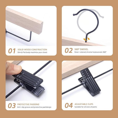 Nature Smile Deluxe Wooden Pants Hangers,Solid Rubber Wood Jeans Skirt Hanger Without Painting,with Adjustable Black Clips and Rotatable Hook,Pack of 20(Natural Unvarnished)