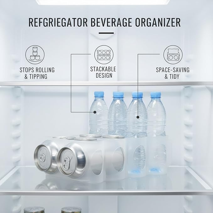 Beverage Organizer Rack for Refrigerator, Stacking Can Dispenser to Stop Rolling Cans and Bottles, Space Saving Fridge Storage Shelf, Clear PP Plastic