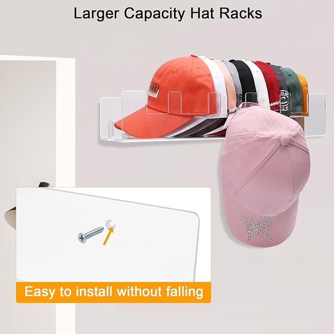 Acrylic Hat Racks for Baseball Caps Wall, 2 Pack Hat Organizer for 50 Baseball Caps Holders, Sturdy Clear Wall Mounted Storage Organizer