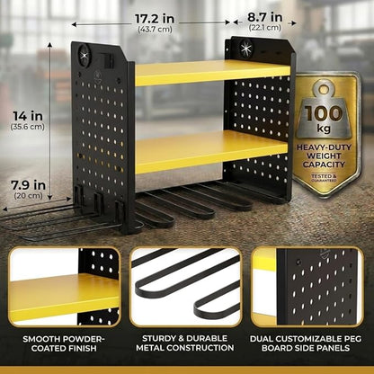 BUILTSTRONG Power Tool Organizer Wall Mount – 3-Tier Heavy-Duty Steel Rack, 6 Drill Slots, Dual Pegboard Sides, Side-by-Side Modular, 100 lb Capacity – Garage & Workshop (Yellow)
