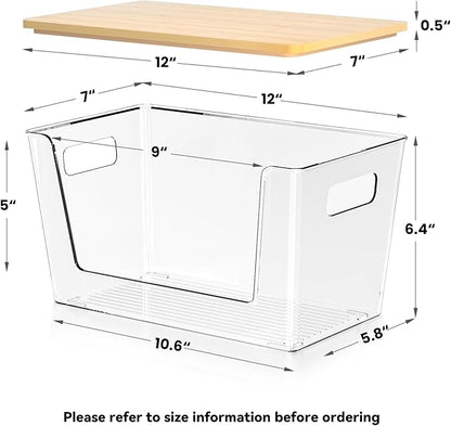 CiWiVOKi 6 Pack Clear Stackable Storage Bins with Bamboo Lids, Trash Bag Holder Dispenser Under Sink Organizer for 4-13 Gal Bags, Plastic Storage Containers for Pantry Bathroom Kitchen Organization