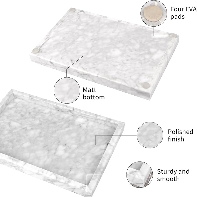 Marble Bathroom Vanity Tray, Natural Luxury Vanity Home Kitchen Bathroom Table Tray, Stone Decorative Countertop Dresser Trays for Key Coffee Perfume Jewelry Makeup (Carrara White, 12"x 8" x1.2")