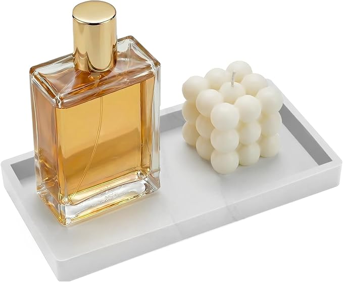 Silicone Bathroom Vanity Tray, 7.8 x 3.9 Inch Perfume Trays for Dresser, Soft Organizer Tray for Makeup, Jewelry, Rings, Non-Slip, Waterproof Small Tray for Bathroom Counter, Marble White